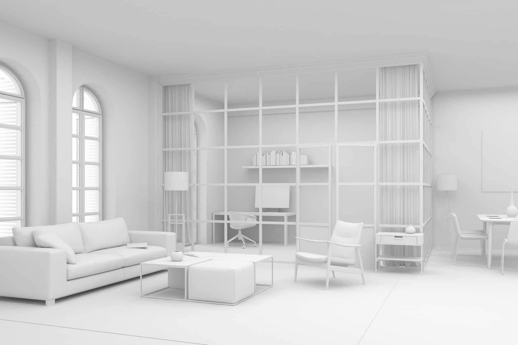 Unbearbeitete Ansicht | Alt­bau Wohnzimmer | Architecture, 3D-Visualisierung, Campaign, Interieur | Full CGI:  Entwurf, Modelling , Beleuchtung, Rendering