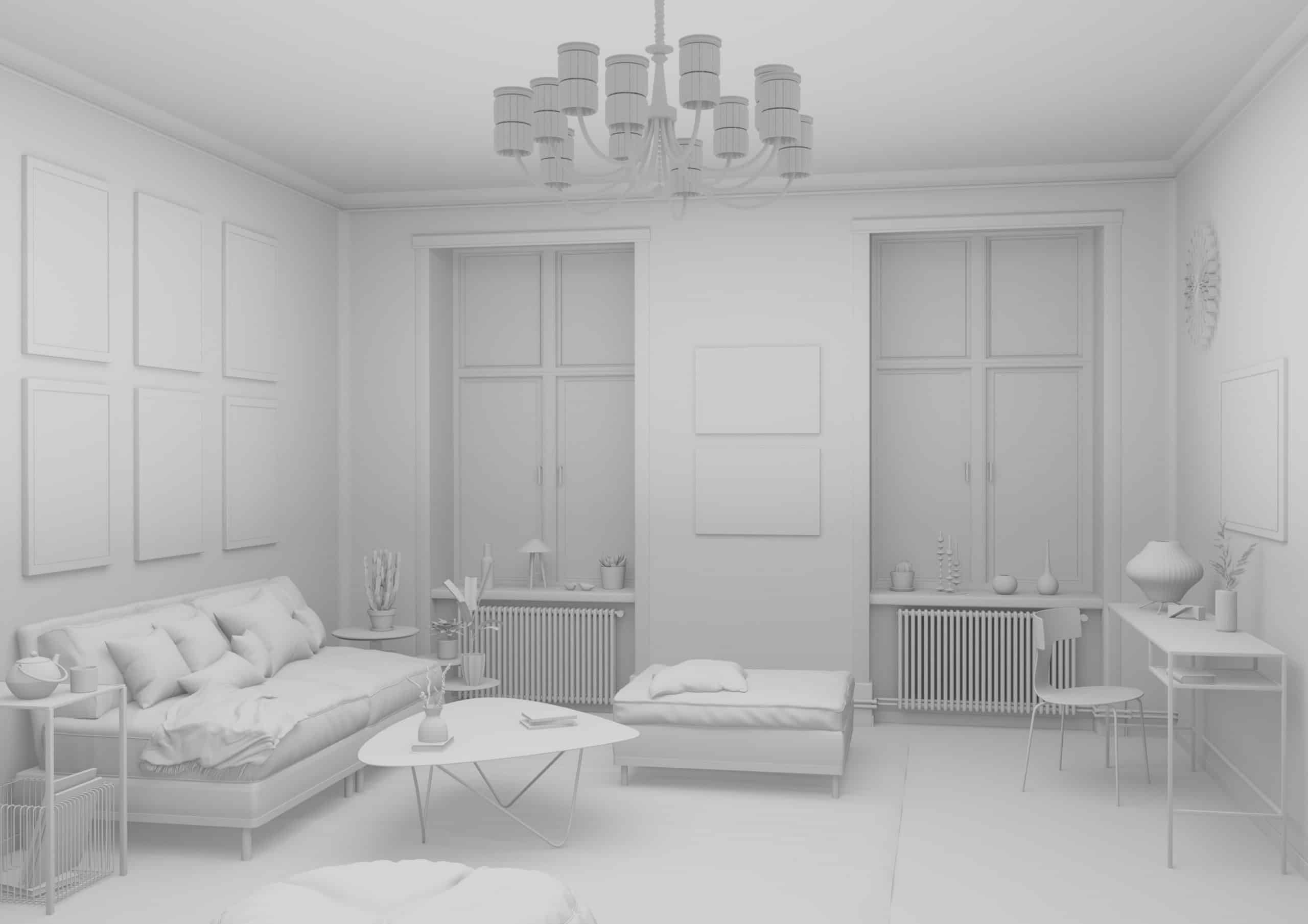 Unbearbeitete Ansicht | Wohn­zim­mer | 3D-Visualisierung, Architecture, Campaign, Interieur | freie Arbeit: Entwurf, CGI/3D, Modellierung, Lightning, Shading, Rendering