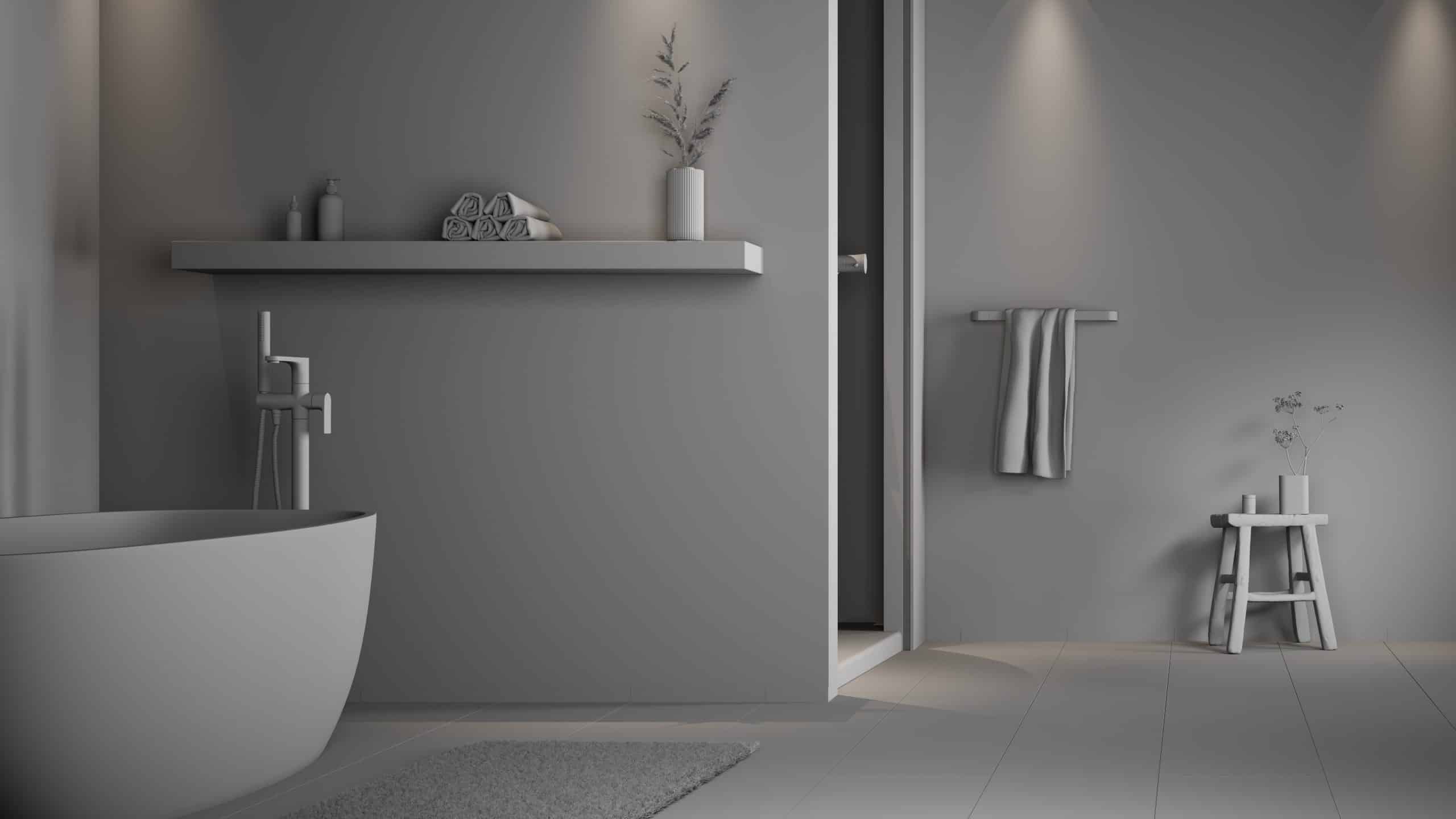 Unbearbeitete Ansicht | Bade­zim­mer Wand­ge­stal­tung Farbe | 3D-Visualisierung, Architecture, Interieur