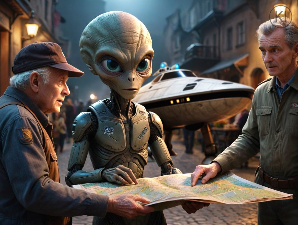 Ali­en fragt nach Weg | KI-Bildgenerierung, Character, Campaign
