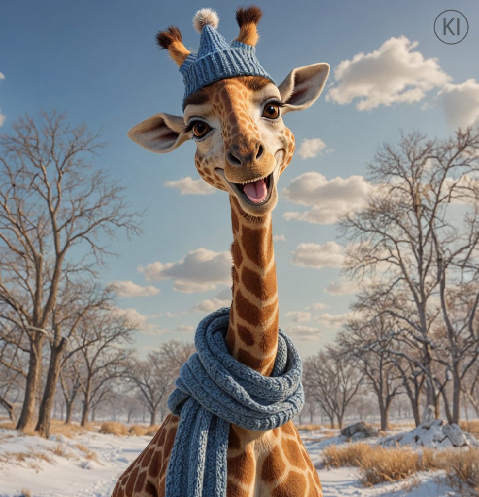 Giraf­fe im Winter | Illustration, KI-Bildgenerierung, Character, Campaign