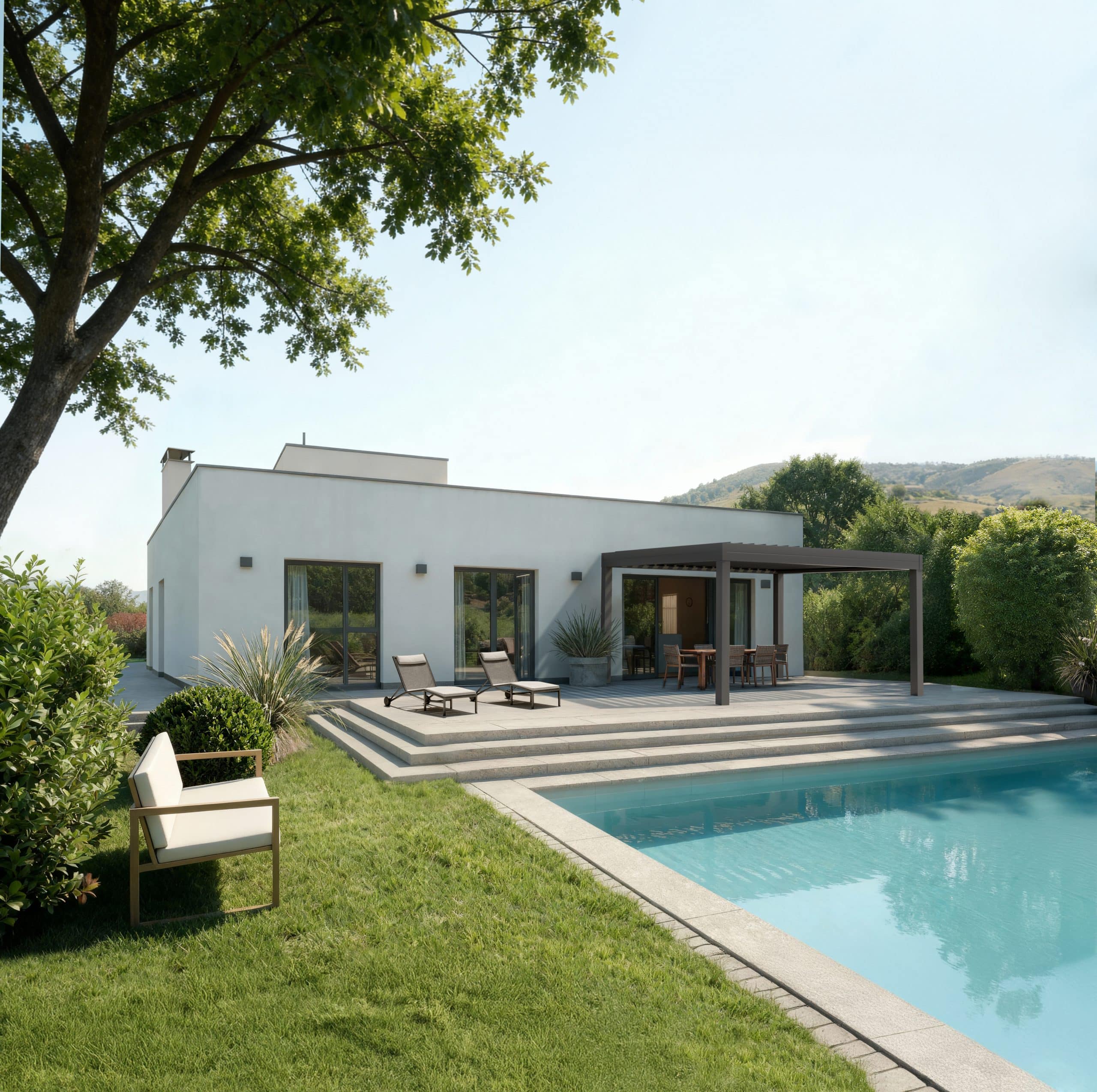 Terrassenüberdachungen | Bildbearbeitung, KI-Bildgenerierung, 3D-Visualisierung, Ingenieur / Technik, Exterieur, Architecture, Products/Packaging | Agentur: Premiere Agentur für Kommunikation | Kunde: TS-Aluminium-Profilsysteme GmbH & Co. KG