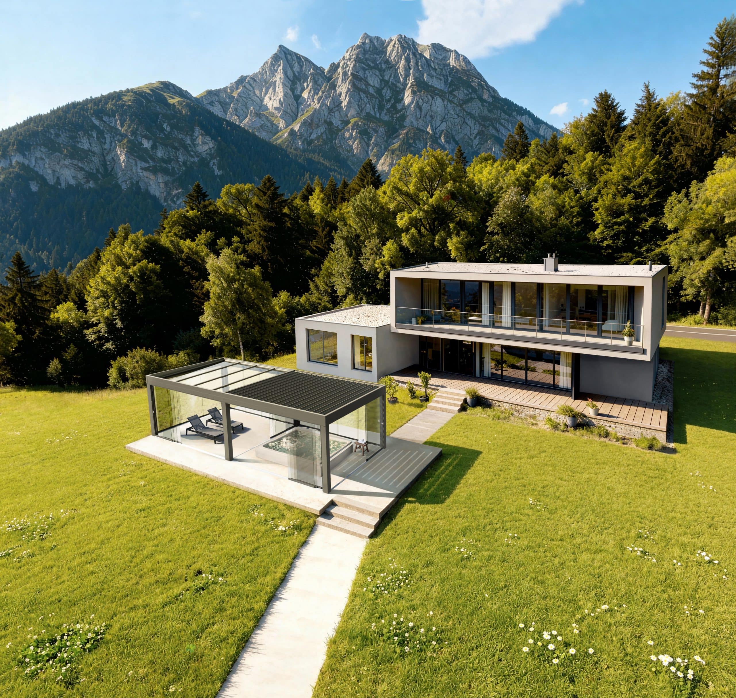 Ter­ras­sen­über­da­chun­gen | Bildbearbeitung, KI-Bildgenerierung, 3D-Visualisierung, Ingenieur / Technik, Exterieur, Architecture, Products/Packaging | Agentur: Premiere Agentur für Kommunikation | Kunde: TS-Aluminium-Profilsysteme GmbH & Co. KG