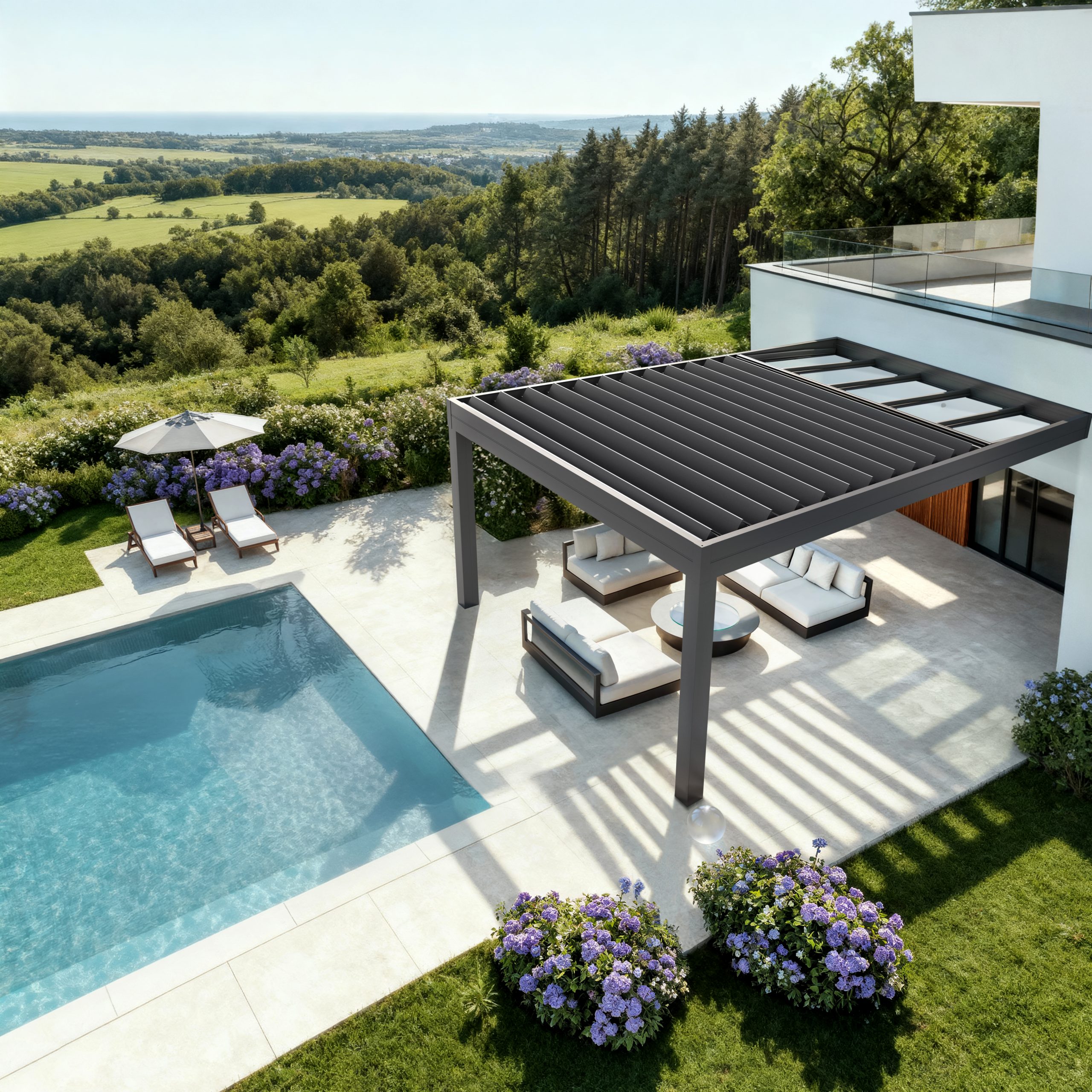 Ter­ras­sen­über­da­chun­gen | Bildbearbeitung, KI-Bildgenerierung, 3D-Visualisierung, Ingenieur / Technik, Exterieur, Architecture, Products/Packaging | Agentur: Premiere Agentur für Kommunikation | Kunde: TS-Aluminium-Profilsysteme GmbH & Co. KG